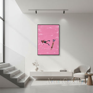 Handpainted Minimalist Pink Impasto Divers Couple Oil Painting #SS279