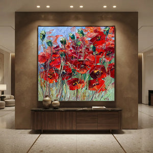 Vibrant Red Poppies Field Abstract Oil Painting #NM329