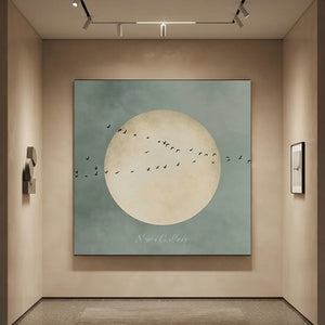 Abstract Flight Over Pale Moon - Minimalist Bird Art #NM331