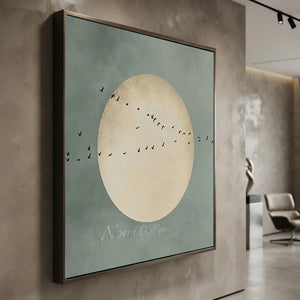 Abstract Flight Over Pale Moon - Minimalist Bird Art #NM331