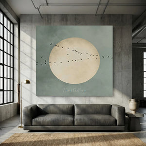 Abstract Flight Over Pale Moon - Minimalist Bird Art #NM331