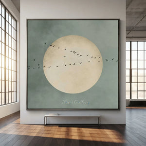 Abstract Flight Over Pale Moon - Minimalist Bird Art #NM331