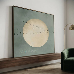 Abstract Flight Over Pale Moon - Minimalist Bird Art #NM331
