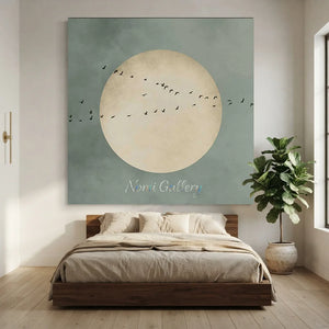 Abstract Flight Over Pale Moon - Minimalist Bird Art #NM331