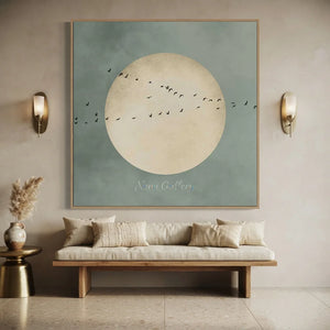 Abstract Flight Over Pale Moon - Minimalist Bird Art #NM331