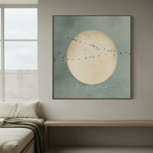 Abstract Flight Over Pale Moon - Minimalist Bird Art #NM331