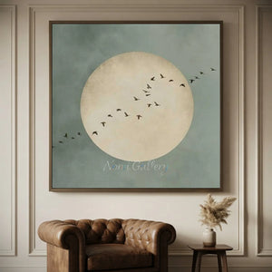 Tranquil Moon & Flying Birds Abstract Canvas Art #NM333