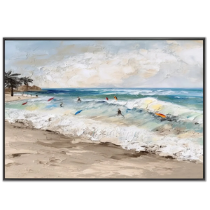 Textured Beach Surf Scene Oil Painting - Coastal Waves & Surfer #NM673