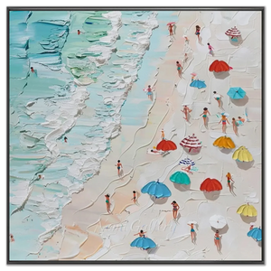 Vibrant Textured Beach Day Oil Painting with Colorful Umbrellas #NM705