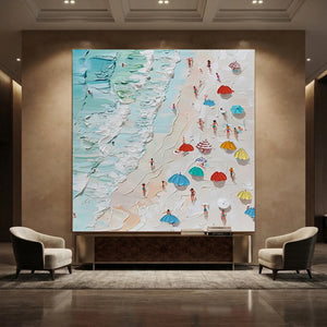 Vibrant Textured Beach Day Oil Painting with Colorful Umbrellas #NM705