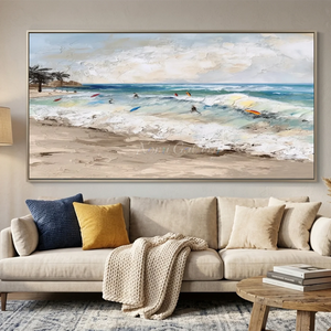 Textured Beach Surf Scene Oil Painting - Coastal Waves & Surfer #NM673