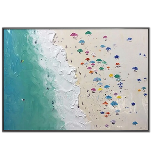 Vibrant Beach Day Aerial View Textured Oil Painting #NM679