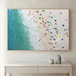 Vibrant Beach Day Aerial View Textured Oil Painting #NM679
