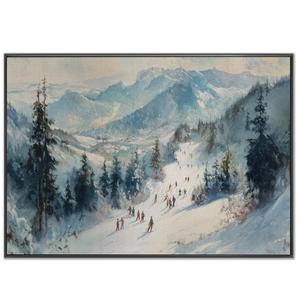 Winter Ski Slope Oil Painting with Skiers #NM521