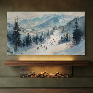 Winter Ski Slope Oil Painting with Skiers #NM521