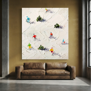 Textured Skiers Winter Slopes Abstract Oil Painting #NM554