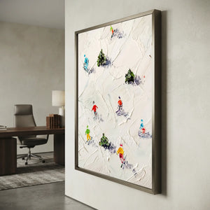 Textured Skiers Winter Slopes Abstract Oil Painting #NM554