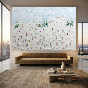 Textured Ski Slope Art: Vibrant Mountain Skiers Oil Painting #NM580