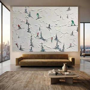 Textured Skiers on Snowy Mountain Abstract Art #NM582