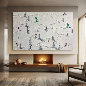 Textured Skiers on Snowy Mountain Abstract Art #NM582