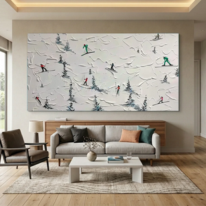 Textured Skiers on Snowy Mountain Abstract Art #NM582