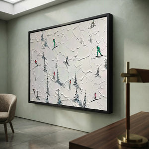 Textured Skiers on Snowy Mountain Abstract Art #NM582