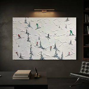 Textured Skiers on Snowy Mountain Abstract Art #NM582