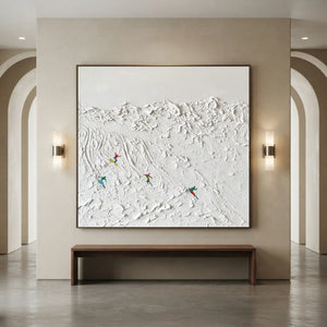Textured Oil Painting: Dynamic Ski Slope with Colorful Skiers #NM619