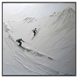Dynamic Skiers Textured Mountain Art - Hand-Painted White & Gra #NM620