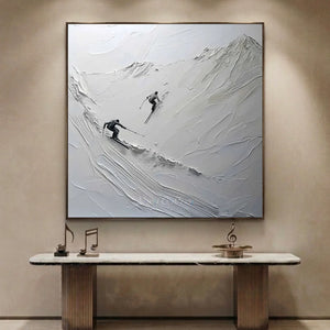 Dynamic Skiers Textured Mountain Art - Hand-Painted White & Gra #NM620