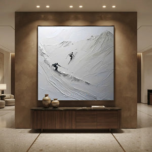 Dynamic Skiers Textured Mountain Art - Hand-Painted White & Gra #NM620