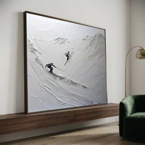 Dynamic Skiers Textured Mountain Art - Hand-Painted White & Gra #NM620