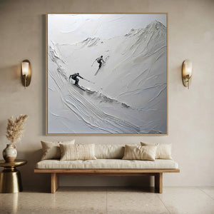 Dynamic Skiers Textured Mountain Art - Hand-Painted White & Gra #NM620