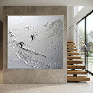 Dynamic Skiers Textured Mountain Art - Hand-Painted White & Gra #NM620