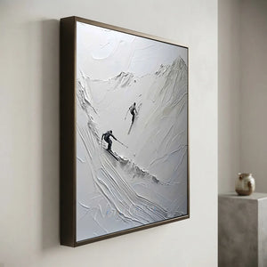 Dynamic Skiers Textured Mountain Art - Hand-Painted White & Gra #NM620