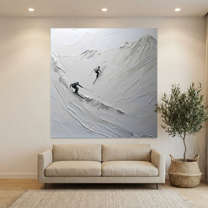 Dynamic Skiers Textured Mountain Art - Hand-Painted White & Gra #NM620