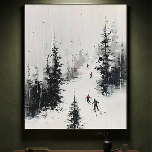 Dynamic Skiers in Snowy Forest Abstract Art #NM636