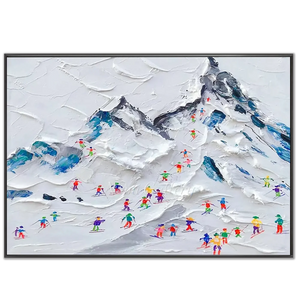 Textured Ski Slope Mountain Painting with Colorful Skiers #NM590