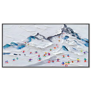 Textured Ski Slope Mountain Painting with Colorful Skiers #NM590