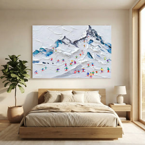 Textured Ski Slope Mountain Painting with Colorful Skiers #NM590