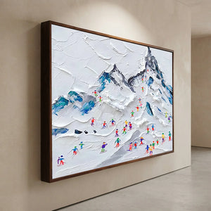 Textured Ski Slope Mountain Painting with Colorful Skiers #NM590