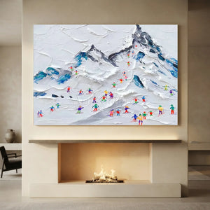 Textured Ski Slope Mountain Painting with Colorful Skiers #NM590