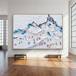 Textured Ski Slope Mountain Painting with Colorful Skiers #NM590