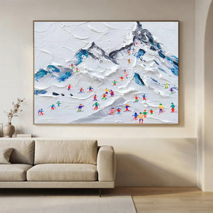 Textured Ski Slope Mountain Painting with Colorful Skiers #NM590