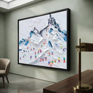 Textured Ski Slope Mountain Painting with Colorful Skiers #NM590