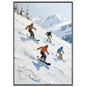 Dynamic Skiers & Snowboarders Textured Oil Painting #NM639