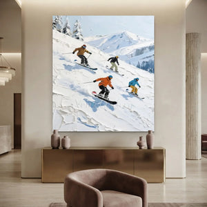 Dynamic Skiers & Snowboarders Textured Oil Painting #NM639