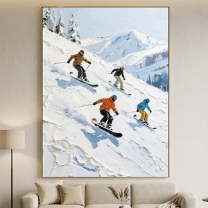 Dynamic Skiers & Snowboarders Textured Oil Painting #NM639