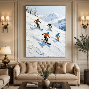 Dynamic Skiers & Snowboarders Textured Oil Painting #NM639