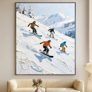 Dynamic Skiers & Snowboarders Textured Oil Painting #NM639